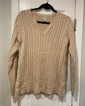 L.L. Bean Size M Tan Khaki Cotton Cable Knit V Neck Pullover Fisherman Sweater thumbnail 1