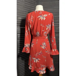 LE LIS Red Floral Print‎ Wrap Dress with Ruffle Hem Bell Sleeves Size M thumbnail 4