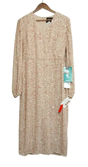 Mac Duggal Pink Nude Sequin V-Neck Long‎ Sleeve Midi Dress Size 10 NWT Formal thumbnail 1
