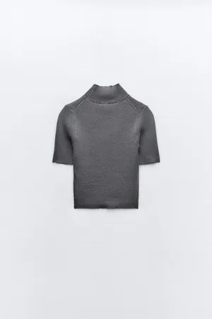 ZARA Gray Short Sleeve  ribbed knit Top thumbnail 3