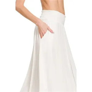 Zenana Woven Crinkle Smocked‎ Waist Maxi Skirt W Pockets - Off White thumbnail 3