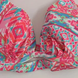 NWT 34B/C Coco Rave halter push-up bikini top hot pink orange ruched middle‎ thumbnail 4