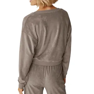 Beyond Yoga Tropez Crop Pullover Size XL Terry Cloth Birch Brown Slouchy V Neck thumbnail 2