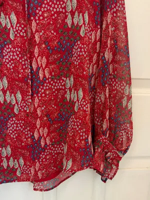 LOFT Long Sleeve Printed Red Top with Ruffle Trim thumbnail 5