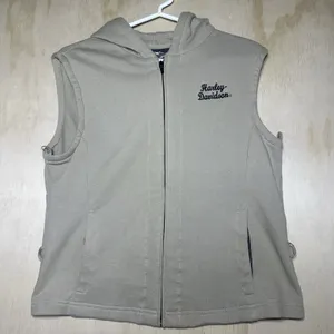 Harley Davidson Women's Full Zip Sleeveless Hoodie Vest Beige‎ Size Large thumbnail 1