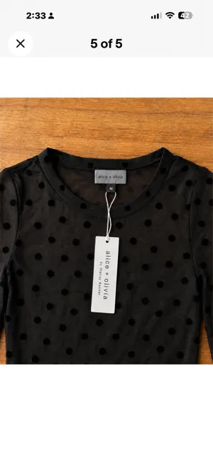 Alice + Olivia NWT Black Flocked Polka Dot Semi Sheer Mesh Long Sleeve Top M thumbnail 5