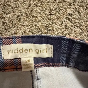 Madden Girl Womens Plaid Flare Jeans Navy Orange Bell Bottom Raw Hem Size 28 thumbnail 2