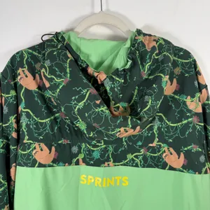 Sprints Sloth Print Windbreaker Jacket Green Half Zip Hooded Womens Large thumbnail 7