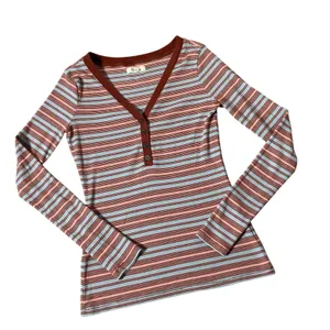 Madewell Striped Ribbed Henley Top Women S Blue Pink Long Sleeve V-Neck MB172 thumbnail 1