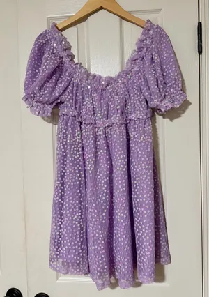 Buddy Love “Jac Puff” Sequin Purple Dress | M | Like-new Lavender Floral Overlay thumbnail 8