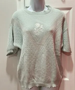 Isle of Cotton Knit Sweater Womens XL Mint Green Floral Embroidered Short Sleeve thumbnail 1