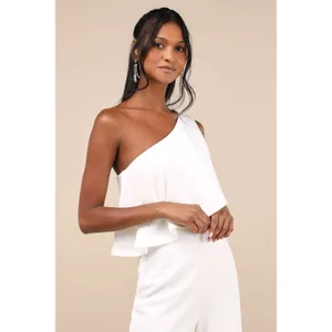 NWT Lulus Flawless Vibes White One-Shoulder Tiered Wide-Leg Jumpsuit Elegant L thumbnail 7