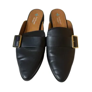 Baretraps Black Vegan Leather Graycie Mules Size 8M Gold Buckle Neutral Office thumbnail 2