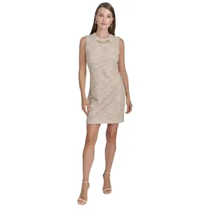 Halston Womens Tweed Chain-Trim Shift Dress HD4JMB8T Oatmeal Brown 14 thumbnail 8