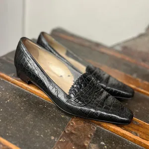 Vintage Talbots Black Croc Embossed Leather Loafers Size 7 90s Minimalist thumbnail 3