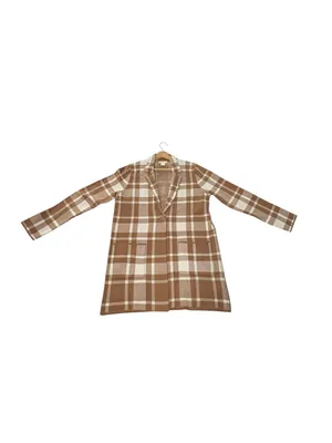 Christian Siriano Women L Plaid Knit Blazer Tan Cream Longline Preppy Office thumbnail 6