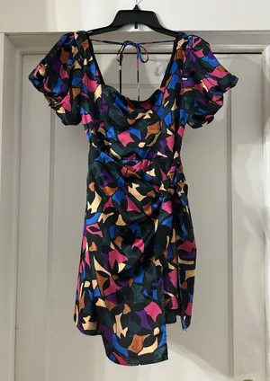 Show Me Your Mumu Danielle Mini Dress Geometric Multicolored Puff Sleeve Size M thumbnail 1