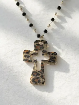 Leopard print necklace with gold cross and black beads thumbnail 2