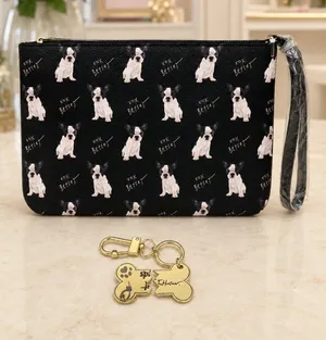 Betsey Johnson Boston Terrier Wristlet Dog Tag Keychain Set NWT thumbnail 1