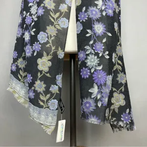 Vivante Scarf Floral Gray Gauzy Viscose Wool‎ FLAWS NWT Raw Edge Fringe Boho thumbnail 5