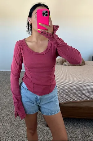 We the free red ribbed long sleeve thumbnail 1