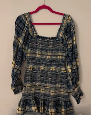Love Shack Fancy blue and cream plaid dress thumbnail 1