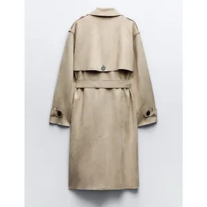 ZARA Faux Suede Trench Coat Belted Jacket Solid Tan Brown Pockets Outdoors Large thumbnail 11
