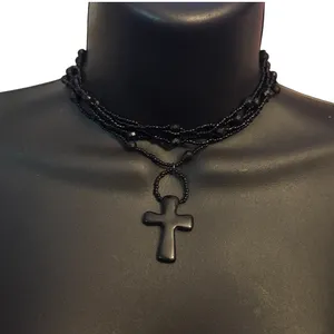 Black multi strand beaded cross pendant choker necklace thumbnail 2