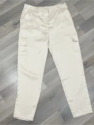 Bailey 44 Satin Cargo Pants Trousers Cream Medium High Waist Ankle Tapered thumbnail 3