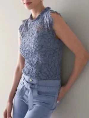 White House Black Market‎ Women's Size 12 Lace Blouse Blue Gray High Neck Soft thumbnail 1