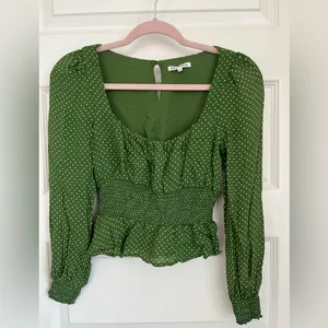 Reformation Hearth Green Dotted Smocked Blouse Size 4 thumbnail 8