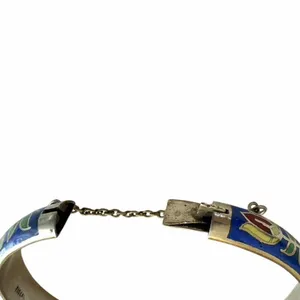 Vintage Thailand Cloisonné Floral Bangle Bracelet Blue Enamel Hinged thumbnail 10