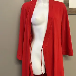 Vintage Vanity Fair Vibrant Red Full-Length Ribbed Wrap V-Neck Robe with Belt-Sm thumbnail 11