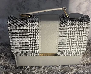 Gray Plaid Top Handle Handbag with Gold-Tone Detail thumbnail 1