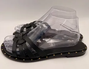 Schutz Black Leather Caged Studded Flat Sandals Size 7.5B Made in Brazil thumbnail 1