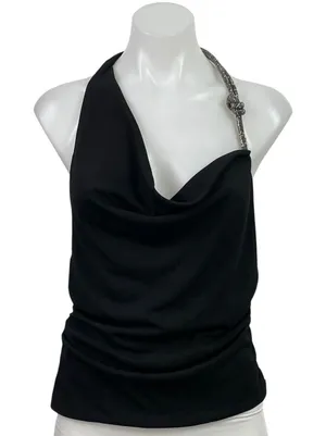 NEW Zara Black Halter Cowl Neck Silver Glitter Strap Open Back Blouse Top Size S thumbnail 1