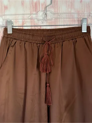 Allegra K Coffee Brown Drawstring Elastic Waist Tassel Satin Jogger Pants Sz XS thumbnail 4