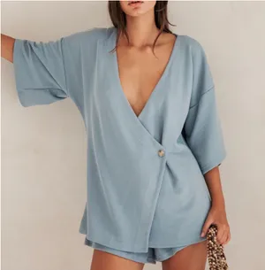 SABO Wyatt Ribbed Knit Relaxed Wrap Top Blue thumbnail 1
