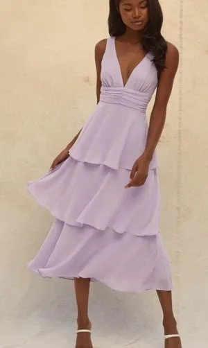 Lulus Celebration Time Lavender Tiered V-Neck Midi Dress Size XS Wedding Guest thumbnail 1
