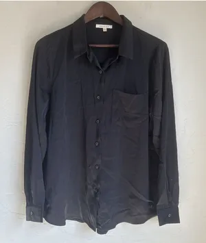 Skies Are Blue Womens Large Black Satin Silky Long Sleeve Button Down Blouse Top thumbnail 1