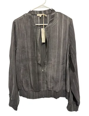 Mystree Gray Vertical Stripe Bomber‎ Jacket Lightweight Quarter Zip Women's L thumbnail 1