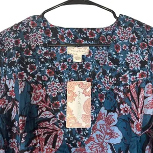 Band of The Free Josie Sapphire Blue Floral V-Neck Long Sleeve Blouse Women Sz L thumbnail 3