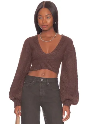 For Love & Lemons Cropped Amelia Sweater Chic Brown Knit with Back Tie Size XL thumbnail 1