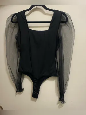 FeelinGirl Womens M Black Bodysuit Puff Sheer Sleeves Square Neck Goth NWOT New thumbnail 1