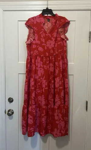 Shein Pink Red Floral Flutter Sleeve V-Neck Maxi Dress Ruffle Modest Size 1XL thumbnail 1