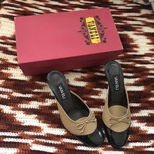 Y2K Tan brown black two tone cap toe Vaneli genuine leather kitten heels pumps mules bow front-6.5M #academia Office siren core #gothic #whimsygoth #preppy thumbnail 1