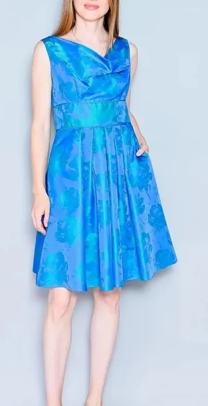 THEIA Floral Jacquard Sleeveless Pleated Dress‎ in Blue Green Size 8 thumbnail 1