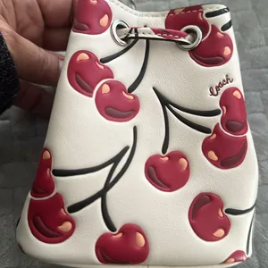 Coach Drawstring Wristlet With Cherry Print - Novelty Leather/Silver/Chalk Multi thumbnail 7
