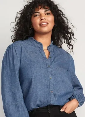 Old Navy Ruffle Collar Medium Wash Denim Jean Button Front Shirt Top thumbnail 1