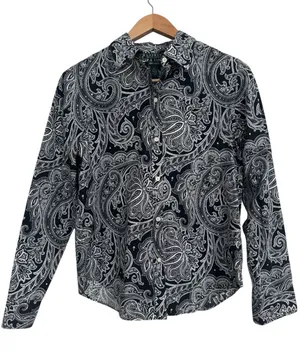 Lauren Ralph Lauren Black & White Paisley Non-Iron Button-Down Preppy Shirt sz M thumbnail 1